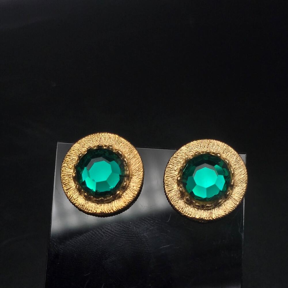 Green Rhinestone Gold Tone Round Cuff Links Men's Accessory